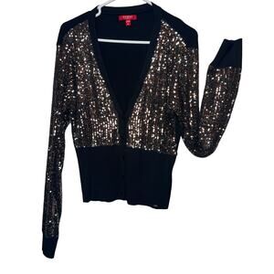 Guess Sparkly Sweater Size XL Black Sequins Long Sleeve Button Up V-Neck Women